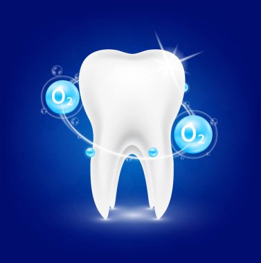 Sağlıklı diş ve kabarcıklar oksijen oksijen yarıçaplı halka çevresini sarar. Temiz beyaz dişleri iyileştirir. Dişçi kavramları. 3D Gerçekçi Vektör EPS10.
