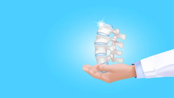 テキスト用のコピースペースと青の背景に健康な軟骨フロントと膝関節を保持医師手 骨の人間の骨格の解剖学 医療科学の概念 現実的なベクトル — ストックベクタ