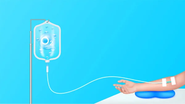 氧气O2分子模型蓝色天然气在盐水袋滴注和手臂患者治疗 氧液静脉注射护理化疗 医疗保健概念 现实的3D矢量 — 图库矢量图片