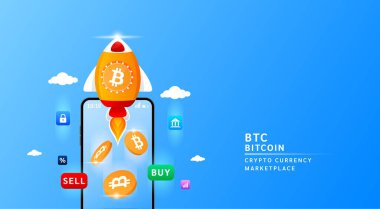Uzay gemisi uçan Bitcoin parasıyla akıllı telefonu gökyüzüne bırak. Borsada kripto para ticareti uygulaması. Mobil bankacılık kripto para birimi cüzdanı. 3d Vektör illüstrasyonu.