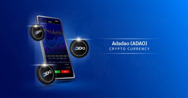 Adadao madeni parası ve telefonu. Dokunmatik ekranda akıllı telefondan şifreli para ticareti uygulaması. Veri analizi borsası. Mobil bankacılık kriptosu. Vektör 3d.