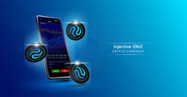 Enjektif para ve telefon. Dokunmatik ekranda akıllı telefondan şifreli para ticareti uygulaması. Veri analizi borsası. Mobil bankacılık kriptosu. Vektör 3d.