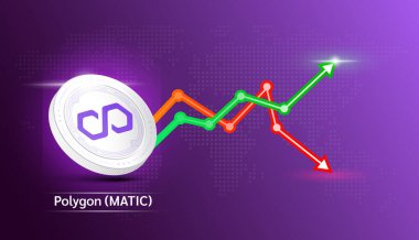 Çokgen para. Borsa yatırım grafiği yeşil ve kırmızı olan kripto döviz sembolü. Ekonomik trendler iş konsepti. 3B Vektör illüstrasyonu.