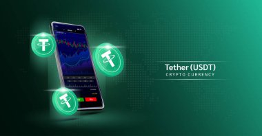 Para ve telefon bağla. Dokunmatik ekranda akıllı telefondan şifreli para ticareti uygulaması. Veri analizi borsası. Mobil bankacılık kriptosu. Vektör 3d.  