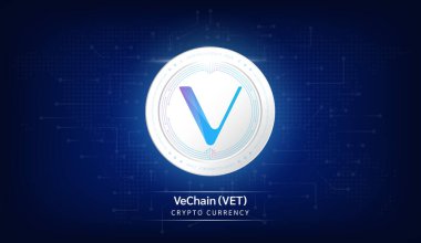 Vechain para kripto para simgesi. Borsa yatırım ticareti yapan kripto para birimi. Mavi koyu arkaplanda sikke simgesi. Ekonomik trendler finans kavramı. 3B Vektör illüstrasyonu.