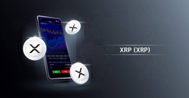 XRP madeni para ve telefon. Dokunmatik ekranda akıllı telefondan şifreli para ticareti uygulaması. Veri analizi borsası. Mobil bankacılık kriptosu. Vektör 3d. 