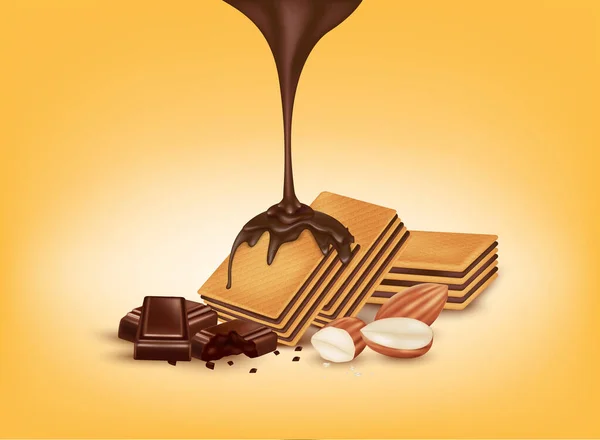 Biscoitos Amêndoa Chocolate Deliciosos Molho Creme Chocolate Gotejamento Biscoitos Doces — Vetor de Stock