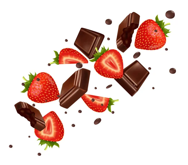 딸기에 초콜릿을 튀기며 수있는 반으로 줄었어 식욕을 돋우는 음식을 배경에 — 스톡 벡터