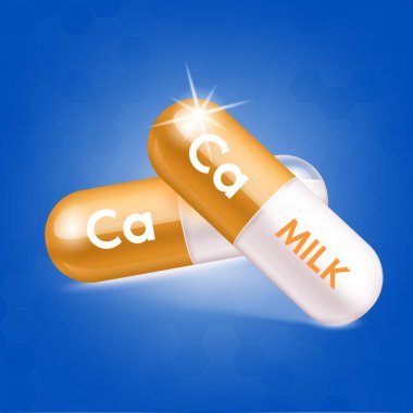 Süt ve kalsiyum. İlaç kapsülü mineral ve vitamin kompleksi. Beslenme takviyesi kemiği, tıbbi ya da sağlık hizmeti konsepti. Vektör EPS10.