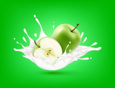 Yeşil arkaplanda yeşil elma sütlü yoğurt var. Sağlık konsepti. Gerçekçi 3 boyutlu vektör çizimi. Ürün tasarımı, reklam içeceği ve gıda ürünleri için kullanılabilir.