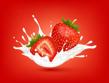 Kırmızı arka planda izole edilmiş çilekli süt yoğurdu. Sağlık konsepti. Gerçekçi 3 boyutlu vektör çizimi. Ürün tasarımı, reklam içeceği ve gıda ürünleri için kullanılabilir.