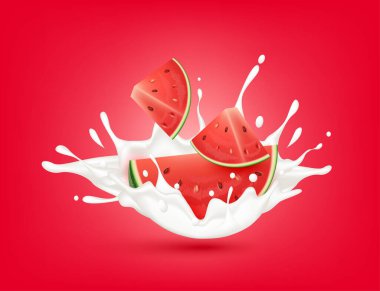 Kırmızı arka planda karpuz sütlü yoğurt sıçraması. Sağlık konsepti. Gerçekçi 3 boyutlu vektör çizimi. Ürün tasarımı, reklam içeceği ve gıda ürünleri için kullanılabilir.