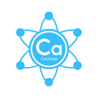 Atom mavisi formundaki mineral kalsiyum simgesi beyaz zemin üzerinde izole edilmiş basit bir çizgi. Tıp sembolü bilim konsepti. Vektör EPS10 illüstrasyonu.