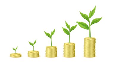 Basamakları yükseltin. Bozuk paralarla büyüyen küçük bir ağaç. İş yatırımı ve emeklilik eğitimi. Tasarruf ya da aile planlaması. Beyaz arka planda izole edilmiş. Gerçekçi 3B vektör.
