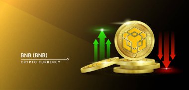 BNB marka şifreli döviz bayrağı. Borsada yükselen ve alçalan kırmızı-yeşil okları olan gelecek para birimi. Altın paralar kripto paraları. Sağlam bir geçmişi olan haberler için afiş. 3B Vektör.