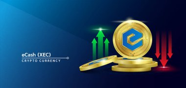 eCash marka kripto döviz bayrağı. Borsada yükselen ve alçalan kırmızı-yeşil okları olan gelecek para birimi. Altın paralar kripto paraları. Sağlam bir geçmişi olan haberler için afiş. 3B Vektör.