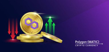 Çokgen simgesi kripto döviz bayrağı. Borsada yükselen ve alçalan kırmızı-yeşil okları olan gelecek para birimi. Altın paralar kripto paraları. Mor sağlam bir arka planda haberler için afiş. 3B Vektör.