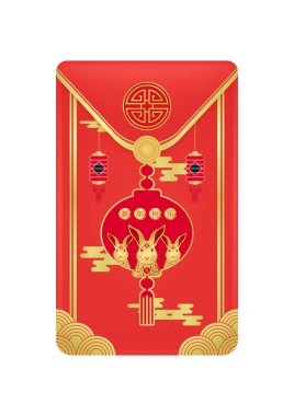 Zarf kırmızısı kart. Mutlu Çin Yeni Yılı 2023. Fenerlerdeki altın tavşanlar. Beyaz arka planda izole edilmiş. (Çeviri: mutlu yıllar 2023, tavşanın yılı) Vektör illüstrasyonu.