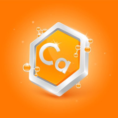 Calcium minerals in pentagon orange shape with chemical atom molecule orbit around. 3D Logo label nutrition silver. Used for products food and medicine design. Science concepts. Isolated Vector.