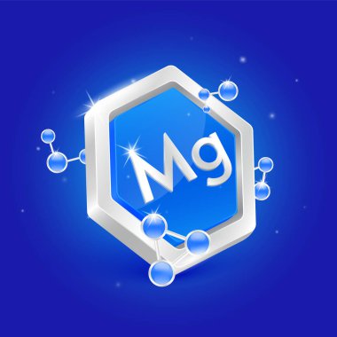 Magnesium minerals in pentagon blue shape with chemical atom molecule orbit around. 3D Logo label nutrition silver. Used for products food and medicine design. Science concepts. Isolated Vector.