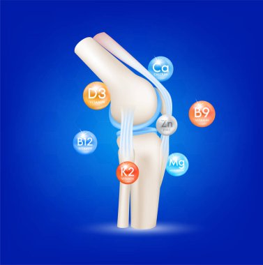 Healthy joint bone and Vitamins Calcium Zinc. Radius ring surrounds on blue background. Help heal arthritis knee. 3D realistic vector. Used for nutrition products food template design.