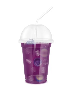 Fruit juice in clear plastic transparent cup and ice with sphere dome cap, straw tube. Fresh blueberry juice for design drink menu cafe or restaurants. Isolated on white background. 3D vector.