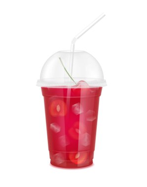 Fruit juice in clear plastic transparent cup and ice with sphere dome cap and straw tube. Fresh cherry juice for design drink menu cafe or restaurants. Isolated on white background. 3D vector.