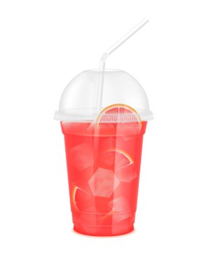 Fruit juice in clear plastic transparent cup and ice with sphere dome cap, straw tube. Fresh cara cara navel juice for design drink menu cafe or restaurants. Isolated on white background. 3D vector.