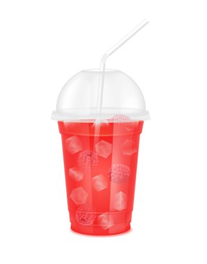 Fruit juice in clear plastic transparent cup and ice with sphere dome cap, straw tube. Fresh raspberry juice for design drink menu cafe or restaurants. Isolated on white background. 3D vector.