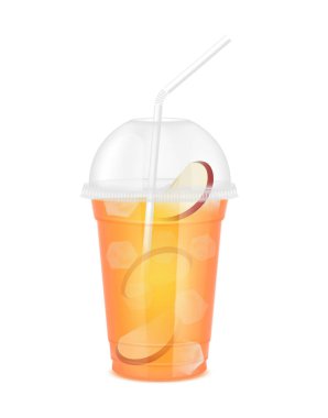 Fruit juice in clear plastic transparent cup and ice with sphere dome cap, straw tube. Fresh red apple juice for design drink menu cafe or restaurants. Isolated 3D realistic vector.