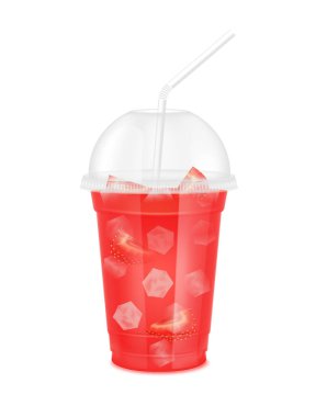 Fruit juice in clear plastic transparent cup and ice with sphere dome cap, straw tube. Fresh strawberry juice for design drink menu cafe or restaurants. Isolated on white background. 3D vector.