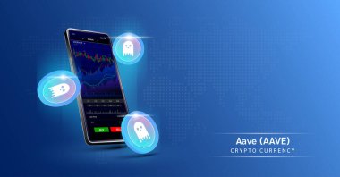 Bozuk para ve telefon. Dokunmatik ekranda akıllı telefondan şifreli para ticareti uygulaması. Veri analizi borsası. Mobil bankacılık kriptosu. Vektör 3d.