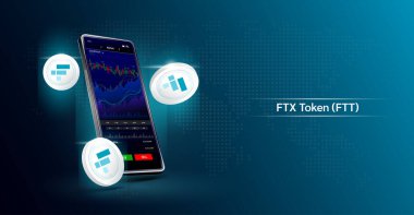FTX jeton para ve telefon. Dokunmatik ekranda akıllı telefondan şifreli para ticareti uygulaması. Veri analizi borsası. Mobil bankacılık kriptosu. Vektör 3d. 