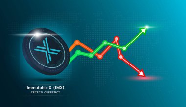 Değişmez X madeni parası. Borsa yatırım grafiği yeşil ve kırmızı olan kripto döviz sembolü. Ekonomik trendler iş konsepti. 3B Vektör illüstrasyonu.