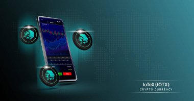 IoTeX madeni para ve telefon. Dokunmatik ekranda akıllı telefondan şifreli para ticareti uygulaması. Veri analizi borsası. Mobil bankacılık kriptosu. Vektör 3d. 