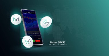 Para ve telefon üreticisi. Dokunmatik ekranda akıllı telefondan şifreli para ticareti uygulaması. Veri analizi borsası. Mobil bankacılık kriptosu. Vektör 3d.