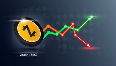 Siyah zcash sikke. Borsa yatırım grafiği yeşil ve kırmızı olan kripto döviz sembolü. Ekonomik trendler iş konsepti. 3B Vektör illüstrasyonu.