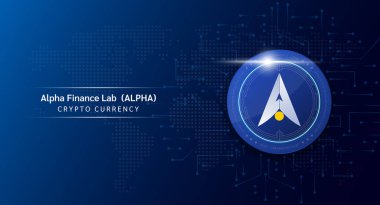 Alpha Finance Lab coin cryptocurrency token symbol. Crypto currency with stock market investment trading. Coin icon on dark background. Economic trends finance concept. 3D Vector illustration.