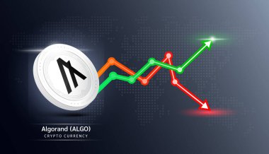 Algorand coin white. Cryptocurrency token symbol with stock market investment trading graph green and red. Economic trends business concept. 3D Vector illustration.