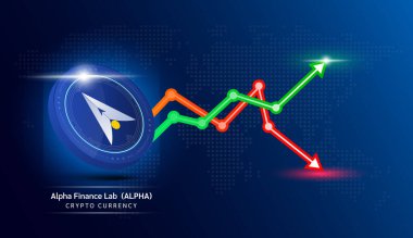 Alpha Finance Lab coin blue. Cryptocurrency token symbol with stock market investment trading graph green and red. Economic trends business concept. 3D Vector illustration.