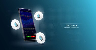 Cocos BCX coin and Phone. App for trading crypto currency on the touch screen smartphone. Data analytics stock market. Mobile banking cryptocurrency. Vector 3d. 
