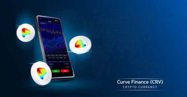 Curve Finance coin and Phone. App for trading crypto currency on the touch screen smartphone. Data analytics stock market. Mobile banking cryptocurrency. Vector 3d. 