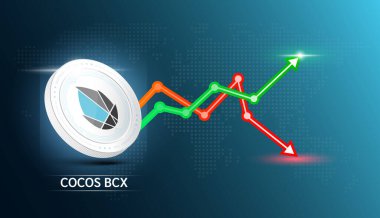 Cocos BCX coin white. Cryptocurrency token symbol with stock market investment trading graph green and red. Economic trends business concept. 3D Vector illustration.