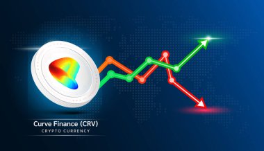Curve Finance coin white. Cryptocurrency token symbol with stock market investment trading graph green and red. Economic trends business concept. 3D Vector illustration.