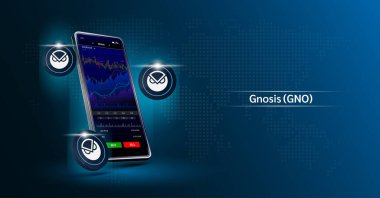Gnosis coin and Phone. App for trading crypto currency on the touch screen smartphone. Data analytics stock market. Mobile banking cryptocurrency. Vector 3d.