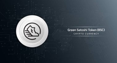 Green Satoshi Token coin cryptocurrency token symbol. Crypto currency with stock market investment trading. Coin icon on dark background. Economic trends finance concept. 3D Vector illustration.