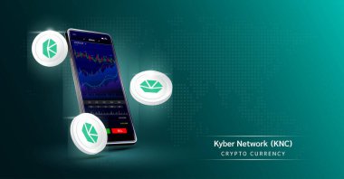Kyber Network coin and Phone. App for trading crypto currency on the touch screen smartphone. Data analytics stock market. Mobile banking cryptocurrency. Vector 3d.