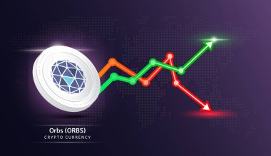 Orbs coin white. Cryptocurrency token symbol with stock market investment trading graph green and red. Economic trends business concept. 3D Vector illustration.