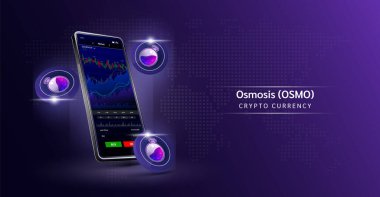 Osmosis coin and Phone. App for trading crypto currency on the touch screen smartphone. Data analytics stock market. Mobile banking cryptocurrency. Vector 3d. 