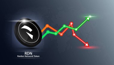 Raiden Network Token coin black. Cryptocurrency token symbol with stock market investment trading graph green and red. Economic trends business concept. 3D Vector illustration.